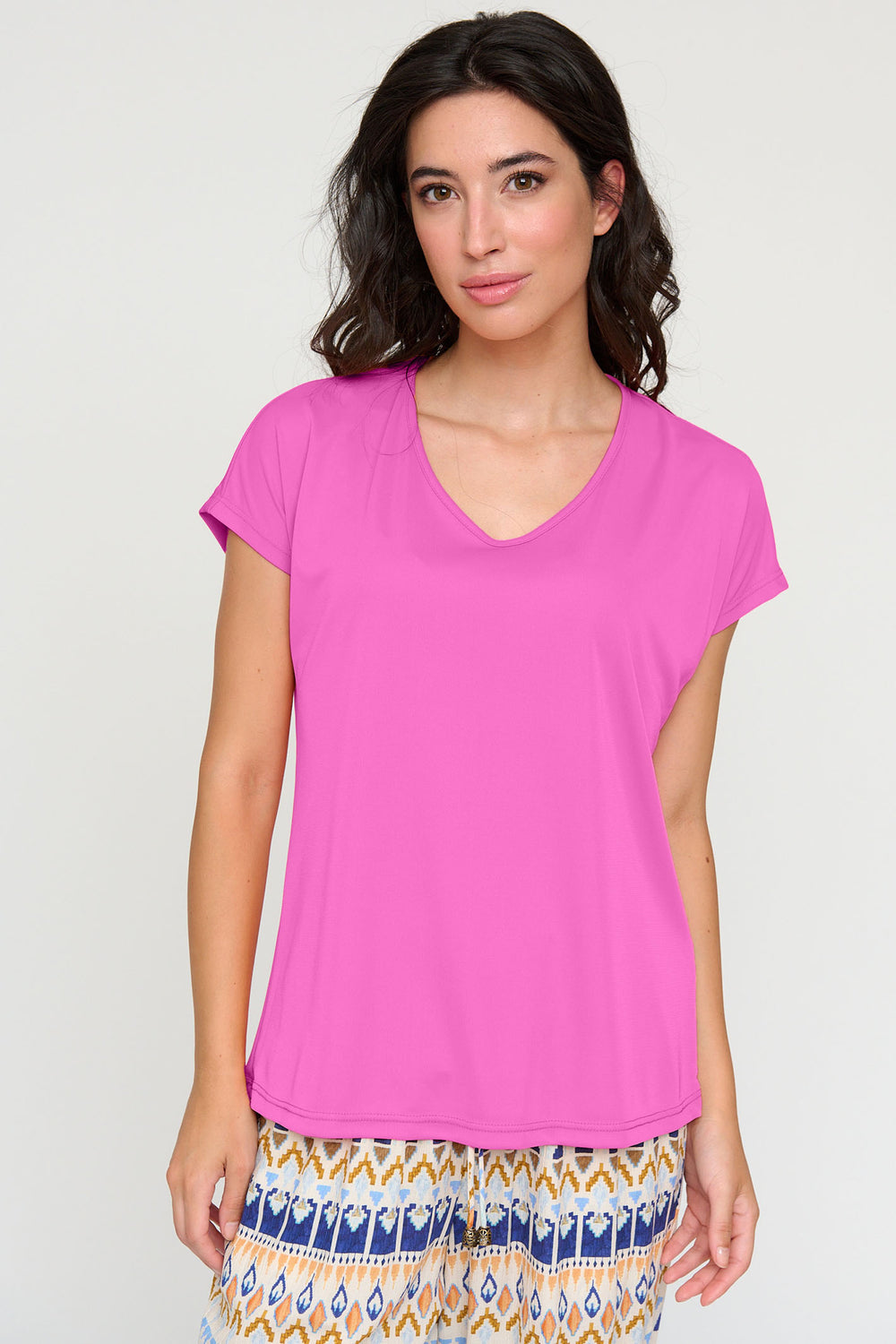 Tinta Sody24 Fuchsia Pink Short Sleeve V-Neck Top - Rouge Boutique Inverness