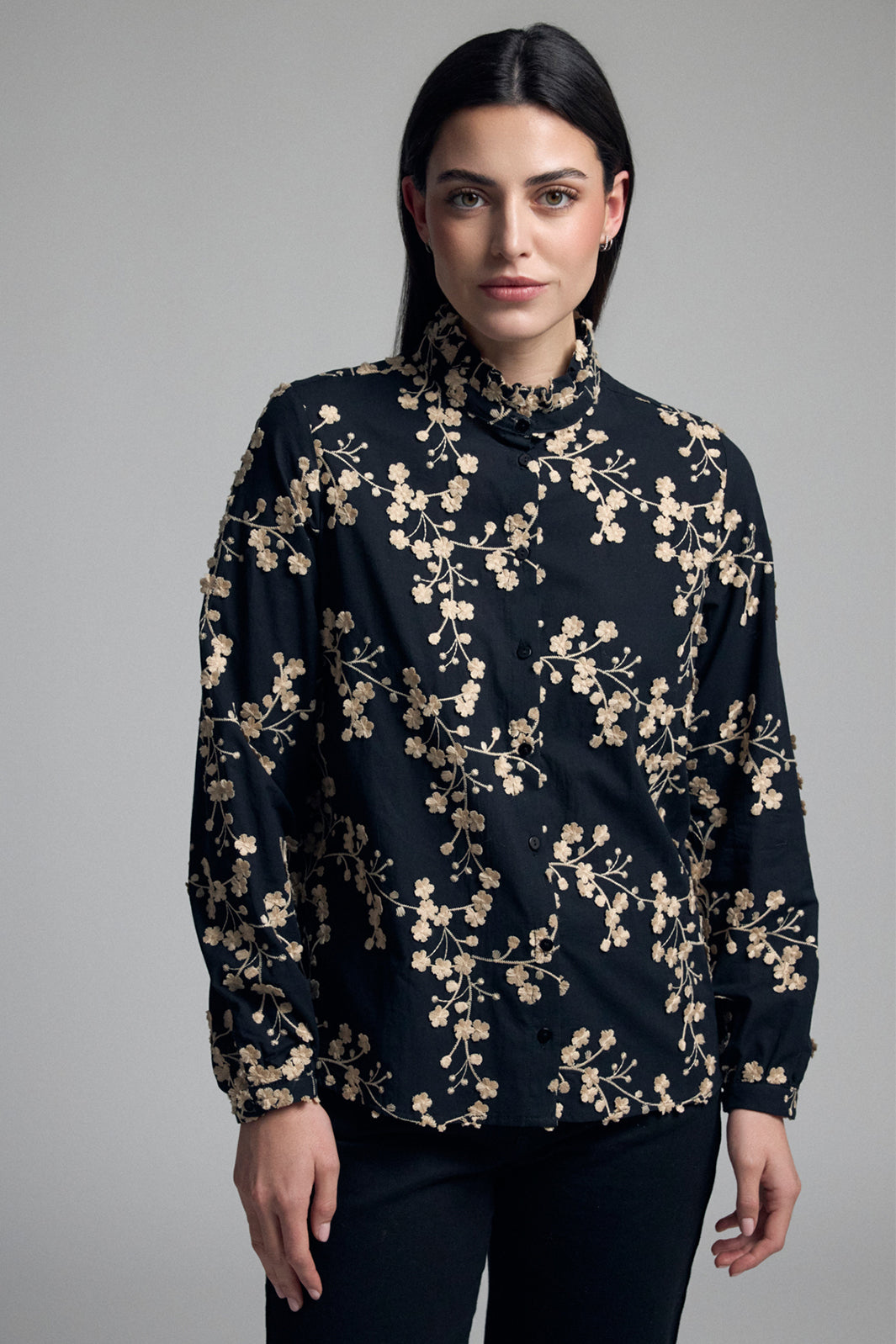 Tinta Zenaida Black Gold Embroidered Flowers Shirt, front view