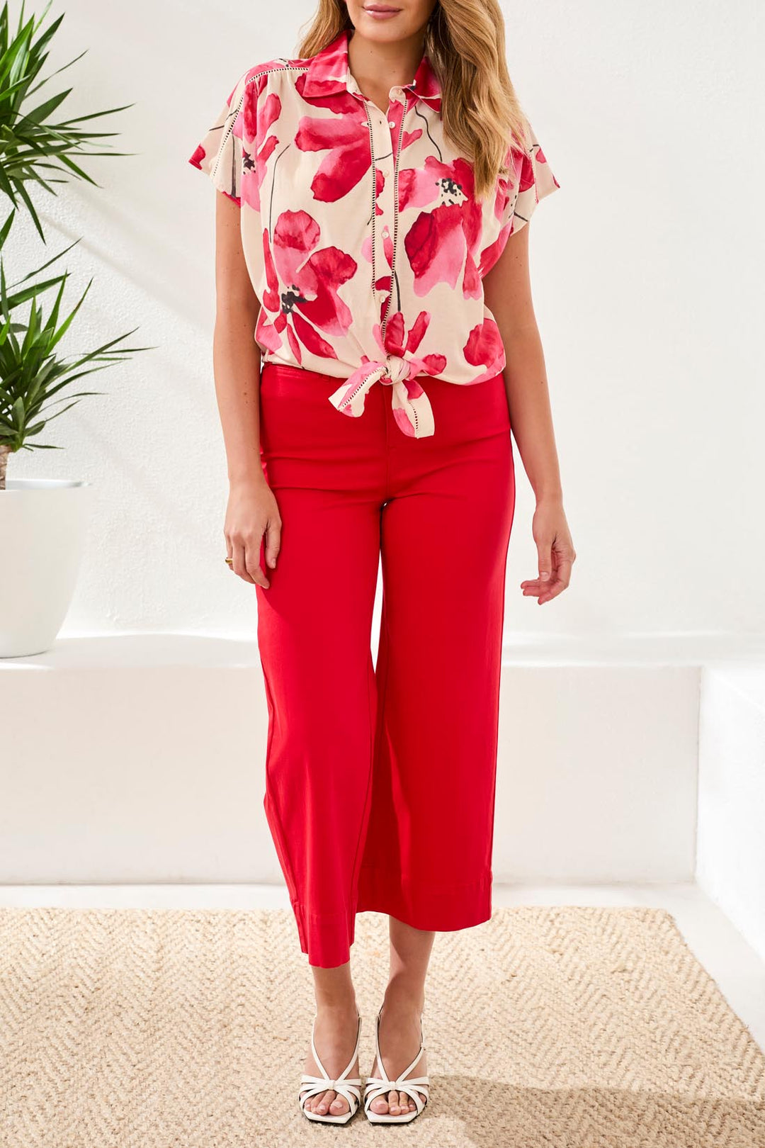 Tribal Clothing 2084O 8134 Sangria Red Print Tie Front Blouse