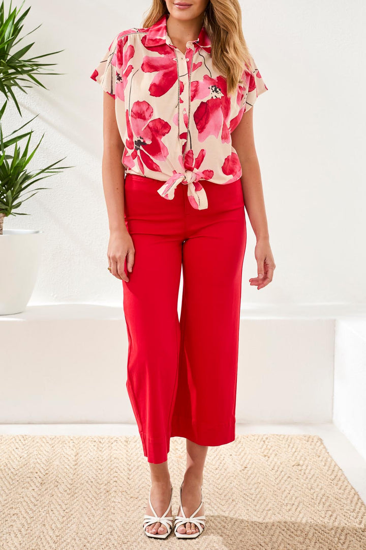 Tribal Clothing 2084O 8134 Sangria Red Print Tie Front Blouse