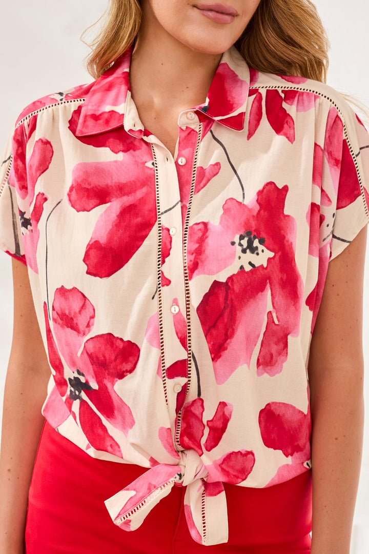 Tribal Clothing 2084O 8134 Sangria Red Print Tie Front Blouse