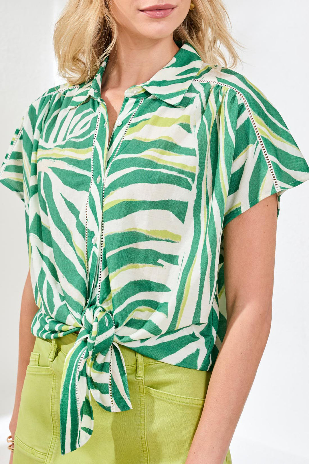 Tribal Clothing 2084O 8134 Grass Green Print Tie Front Blouse
