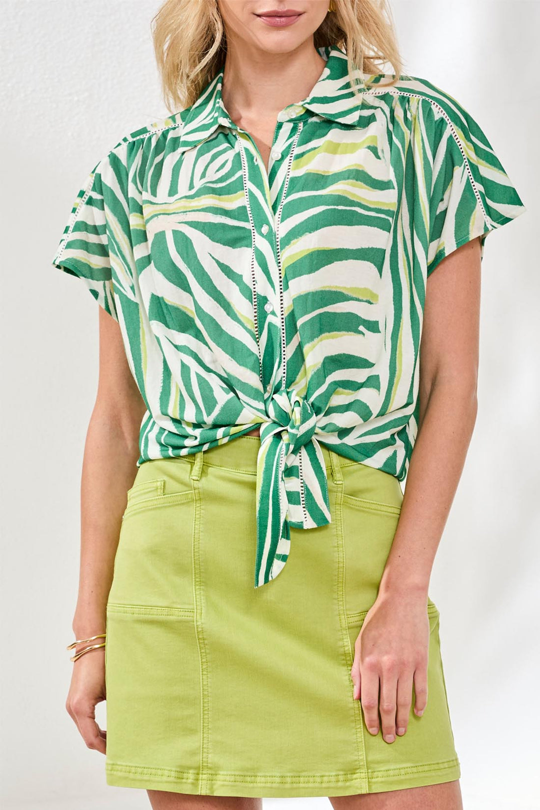 Tribal Clothing 2084O 8134 Grass Green Print Tie Front Blouse