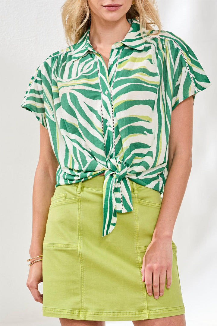 Tribal Clothing 2084O 8134 Grass Green Print Tie Front Blouse