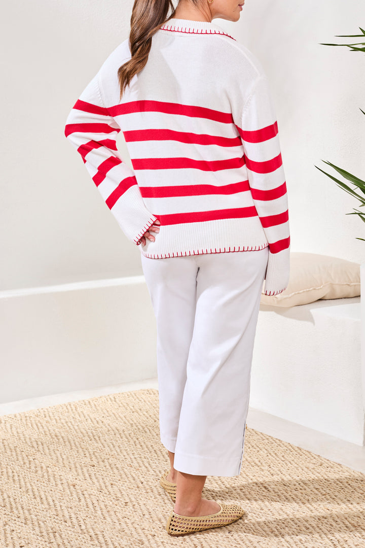 Tribal Clothing 2429O 576 Sangria Red Stripe V-Neck Jumper