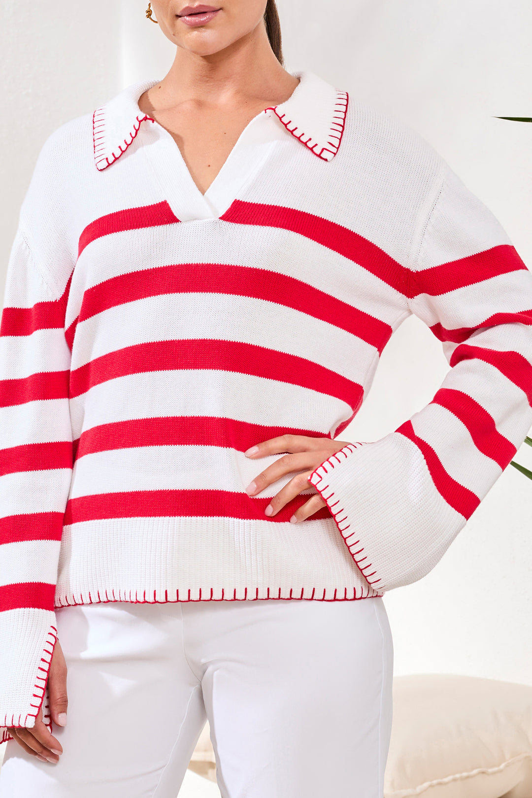 Tribal Clothing 2429O 576 Sangria Red Stripe V-Neck Jumper