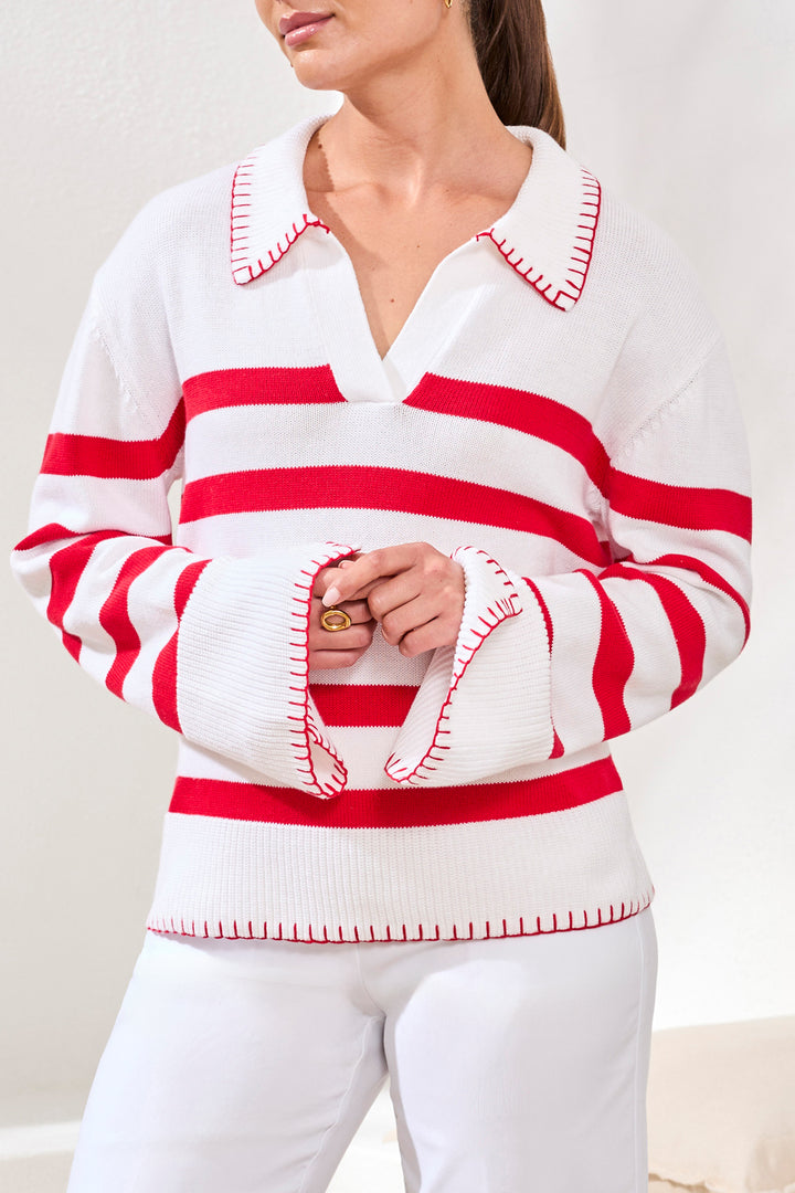 Tribal Clothing 2429O 576 Sangria Red Stripe V-Neck Jumper