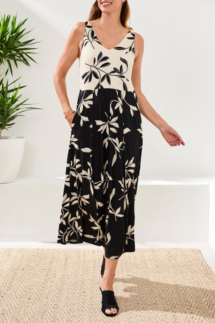 Tribal Clothing 2436O 3457 Black Leaf Print Sleeveless Dress