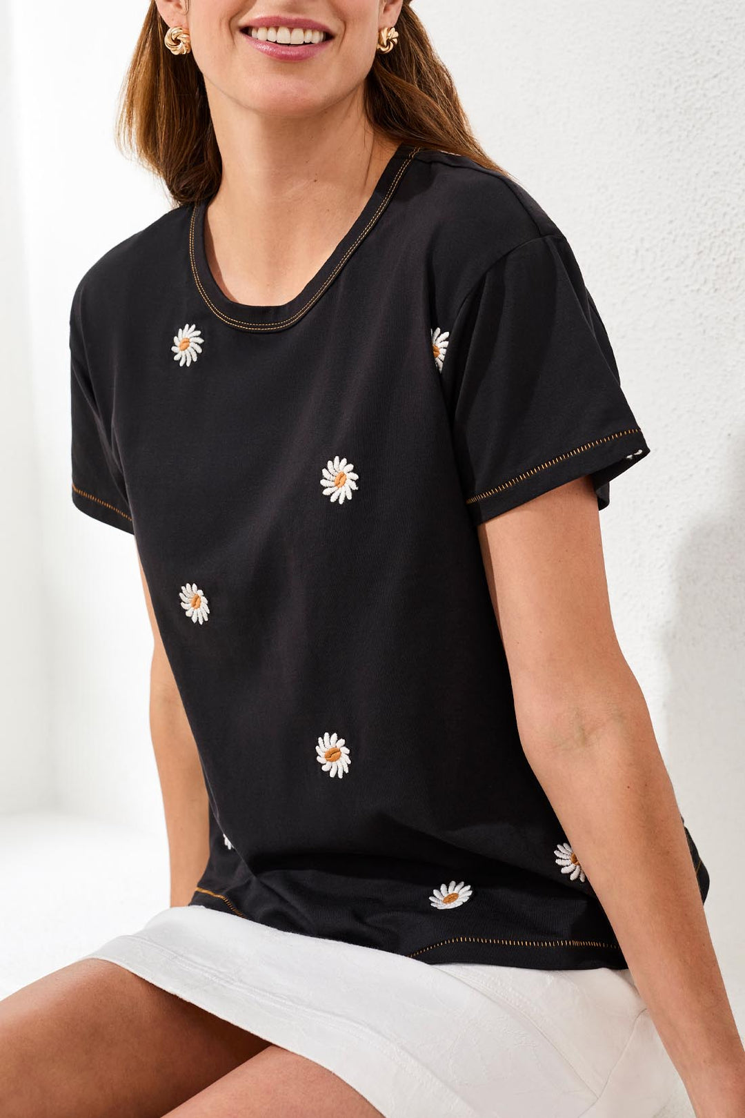Tribal Clothing 3043O 8451 Black Embroidered Daisy T-Shirt