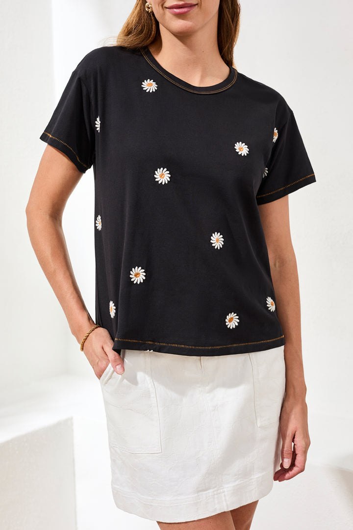 Tribal Clothing 3043O 8451 Black Embroidered Daisy T-Shirt