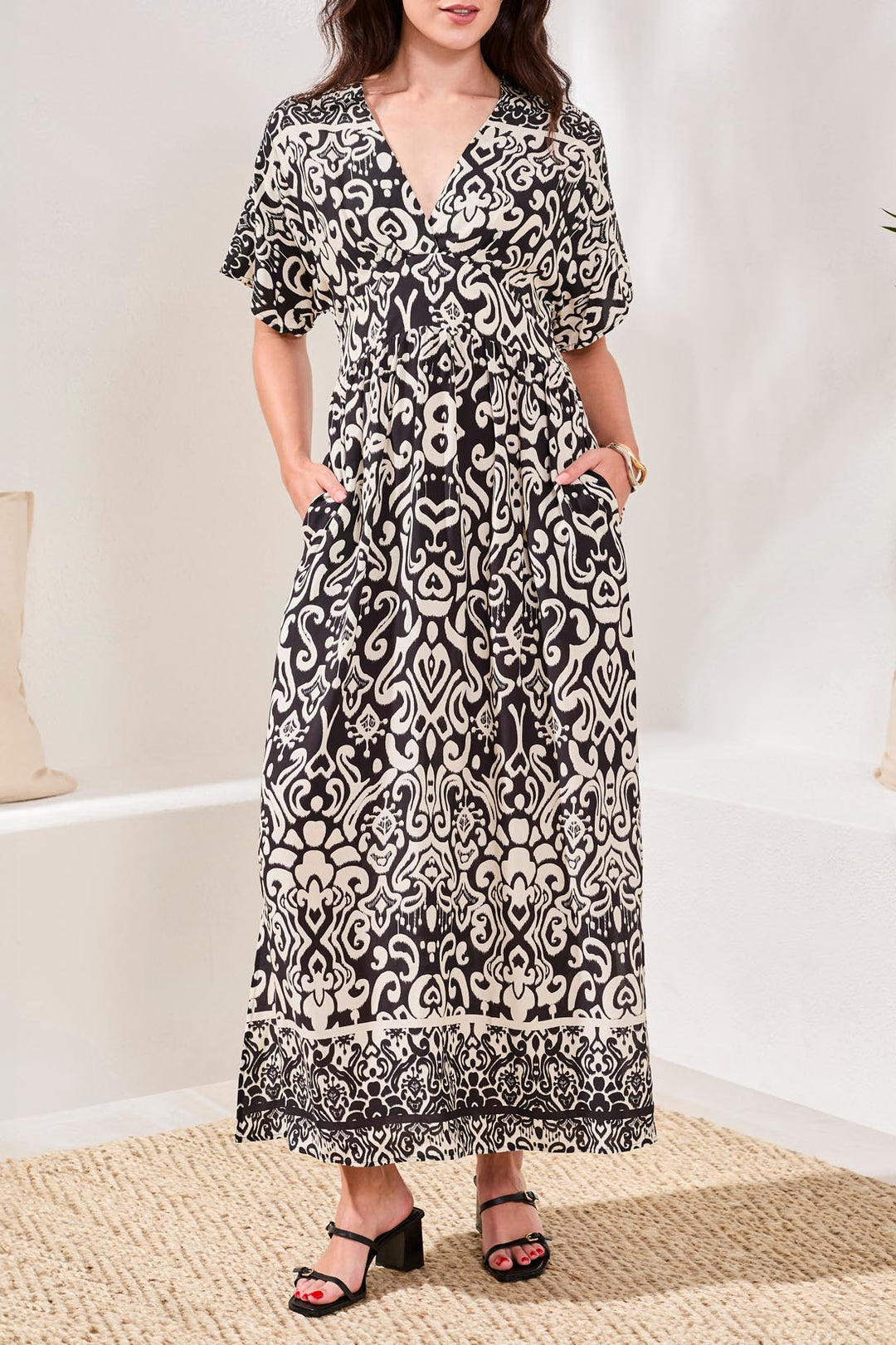 Tribal Clothing 952O 3880 Quartz Black Print Short Sleeve Dress