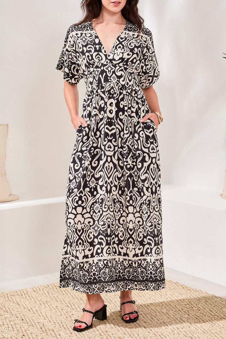 Tribal Clothing 952O 3880 Quartz Black Print Short Sleeve Dress