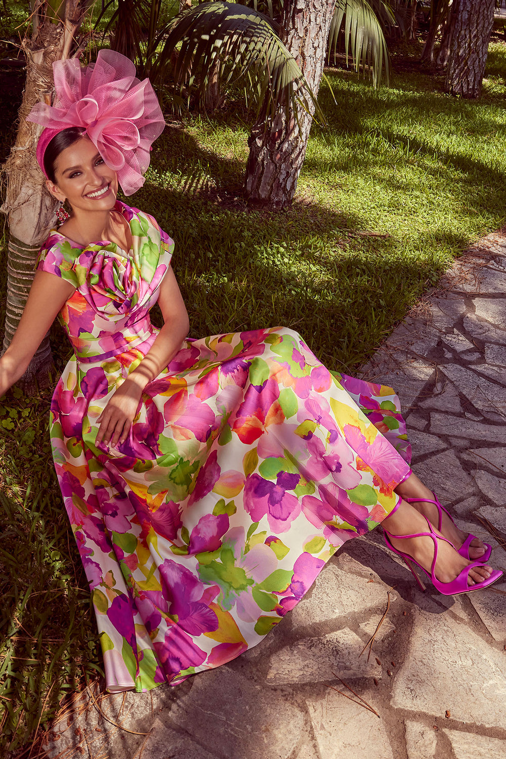 Veni Infantino 992456 Pink Green Floral Print Midi Occasion Dress - Rouge Boutique  Inverness