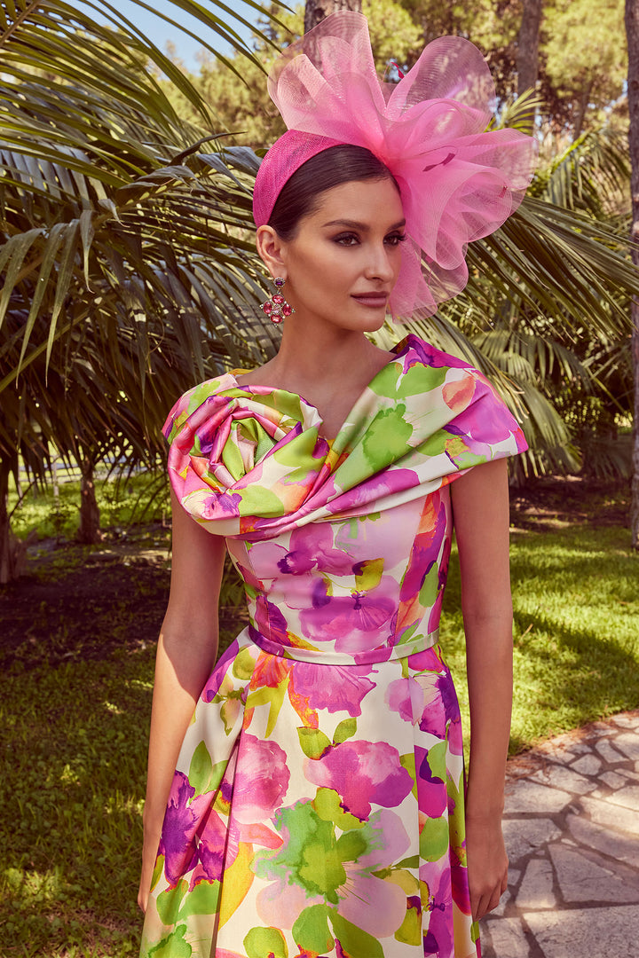 Veni Infantino 992456 Pink Green Floral Print Midi Occasion Dress - Rouge Boutique  Inverness