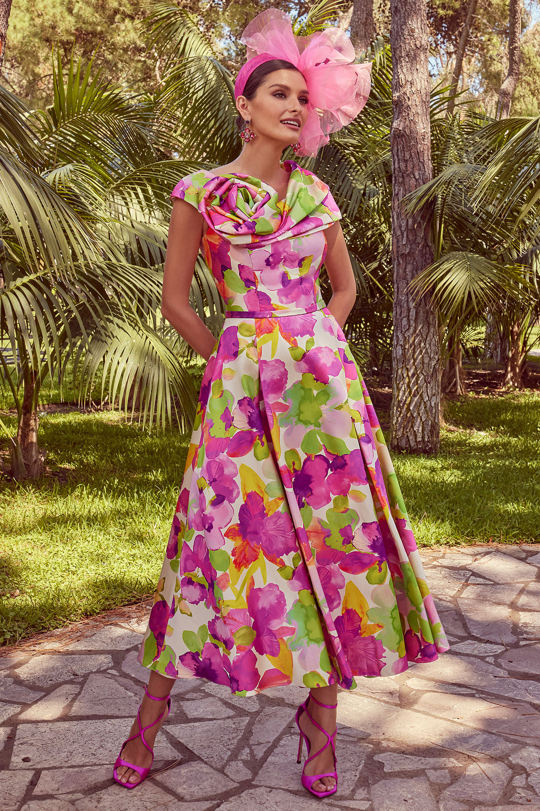 Veni Infantino 992456 Pink Green Floral Print Midi Occasion Dress - Rouge Boutique  Inverness
