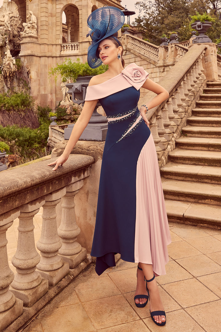 Veni Infantino 992525 Navy Blush Pink One Shoulder Pleat Occasion Dress - Rouge Boutique Inverness