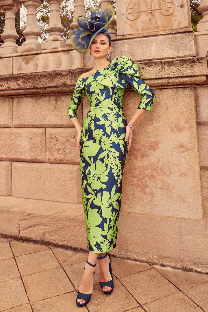 Veni Infantino 992556 Pistachio Green Navy Floral Print Midi Occasion Dress - Rouge Boutique Inverness