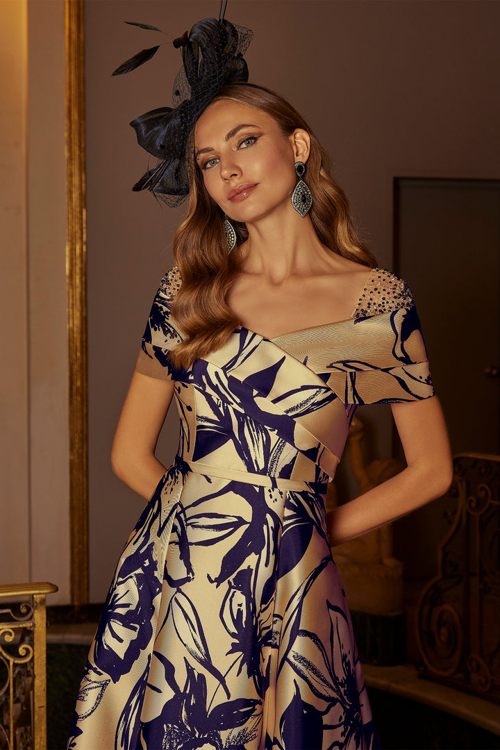Veni Infantino 992575 Light Gold Navy Floral A-Line Midi Occasion Dress - Rouge Boutique Inverness