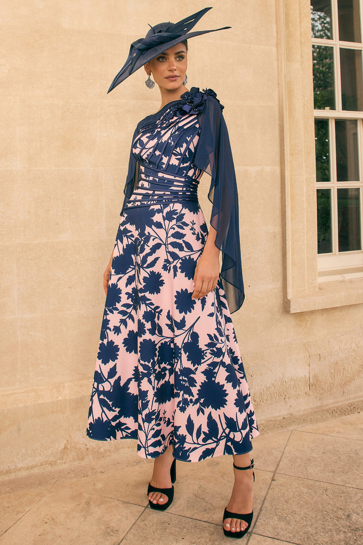 Veni Infantino 992712 Navy Petal Pink Print Cape Sleeve Occasion Dress