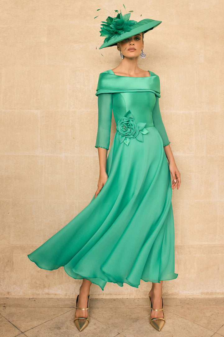 Veni Infantino 992720B Jade Green On-The-Shoulder Midi Occasion Dress