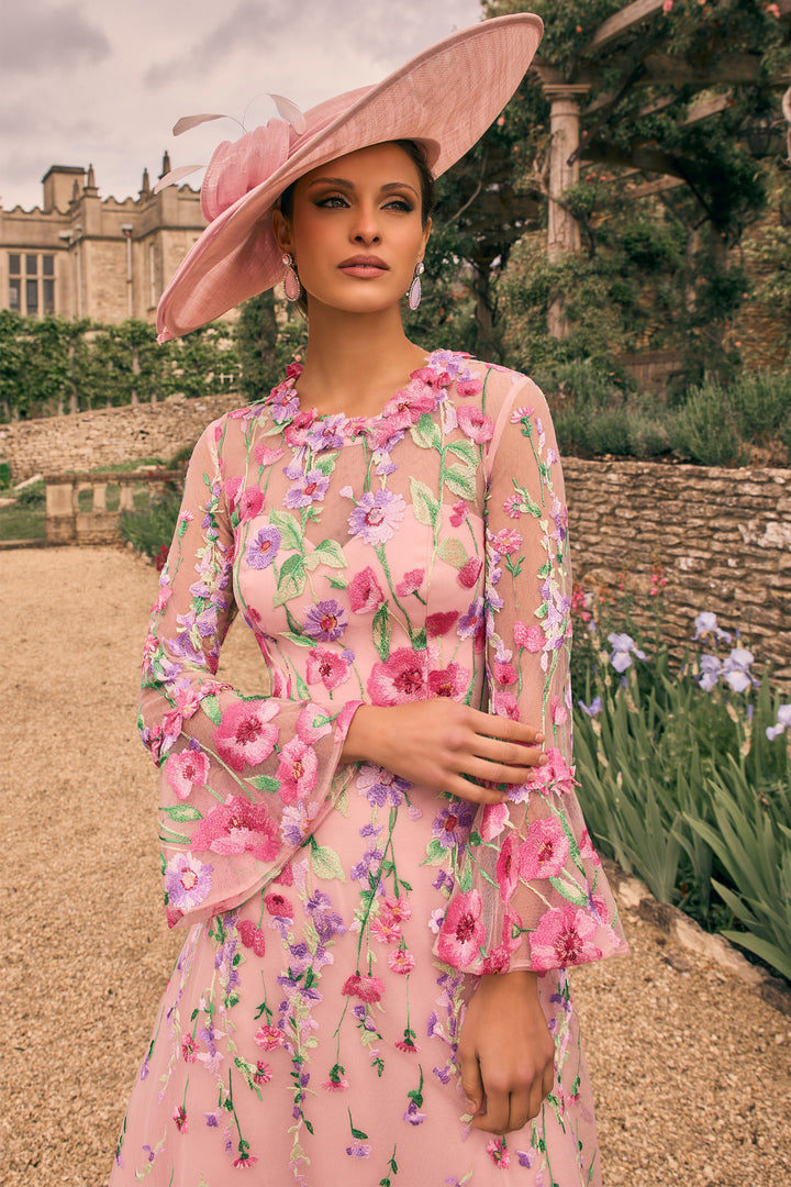 Veni Infantino 992721 Blush Pink Floral Embroidery Midi Occasion Dress