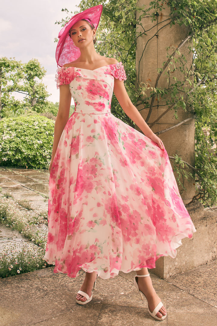 Veni Infantino 992776 Cherry Blossom Print Off-The-Shoulder Midi Occasion Dress