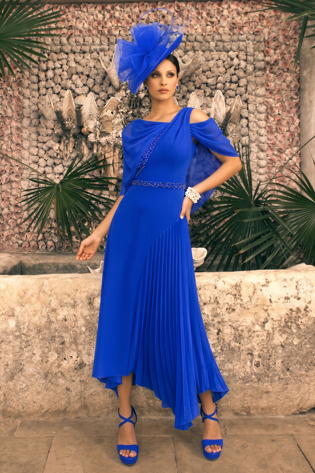 Veni Infantino Cobalt Blue Chiffon Drape Dress 992785, full length