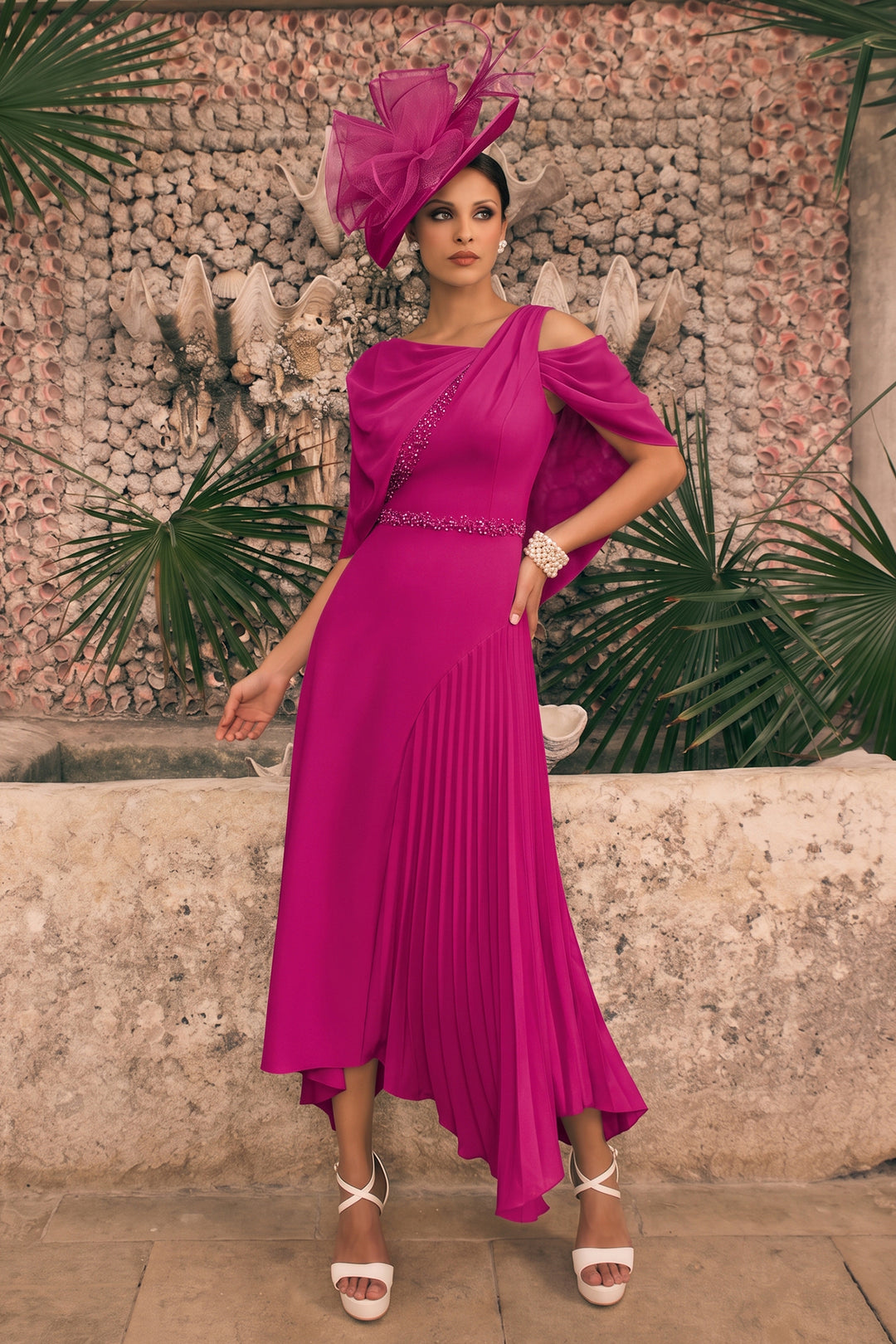 Veni Infantino Magenta Pink Chiffon Drape Dress 992785, full length