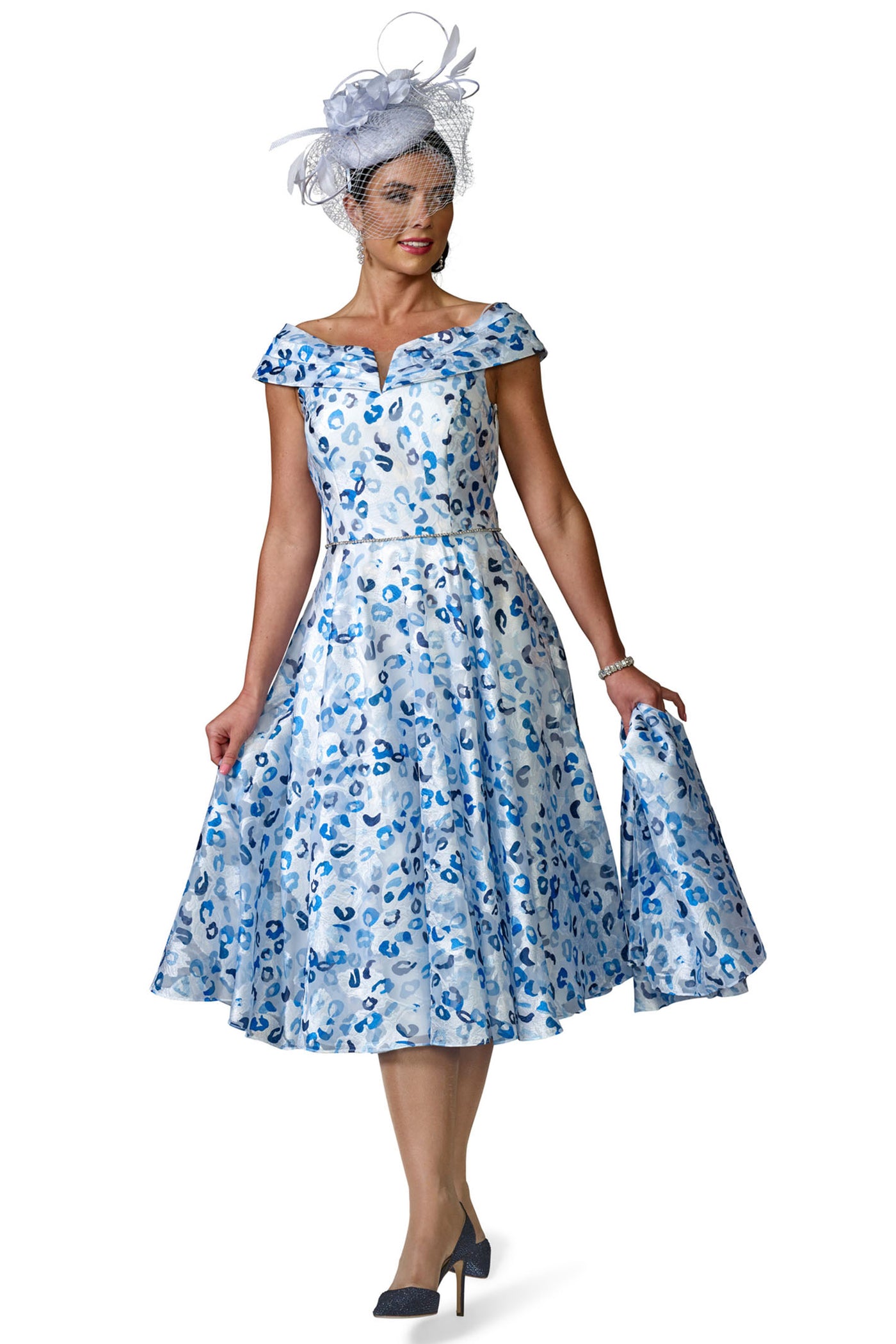 Veomia Occasions VO0252 Cloud Blue Print Wide Neck A-Line Dress