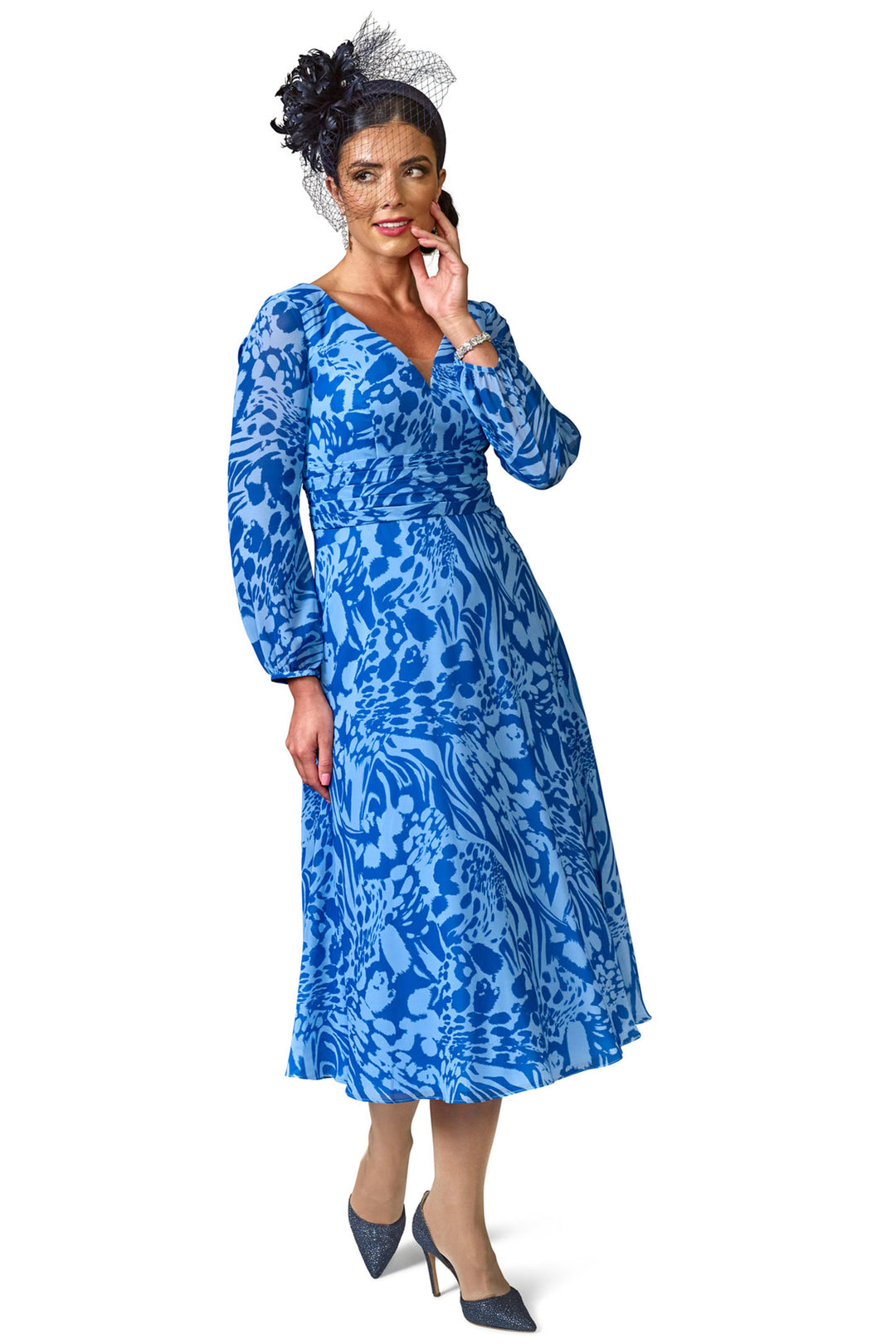 Veromia Occasions VO0236 Cobalt Wedgewood Long Sleeve Midi Dress - Rouge Boutique Inverness