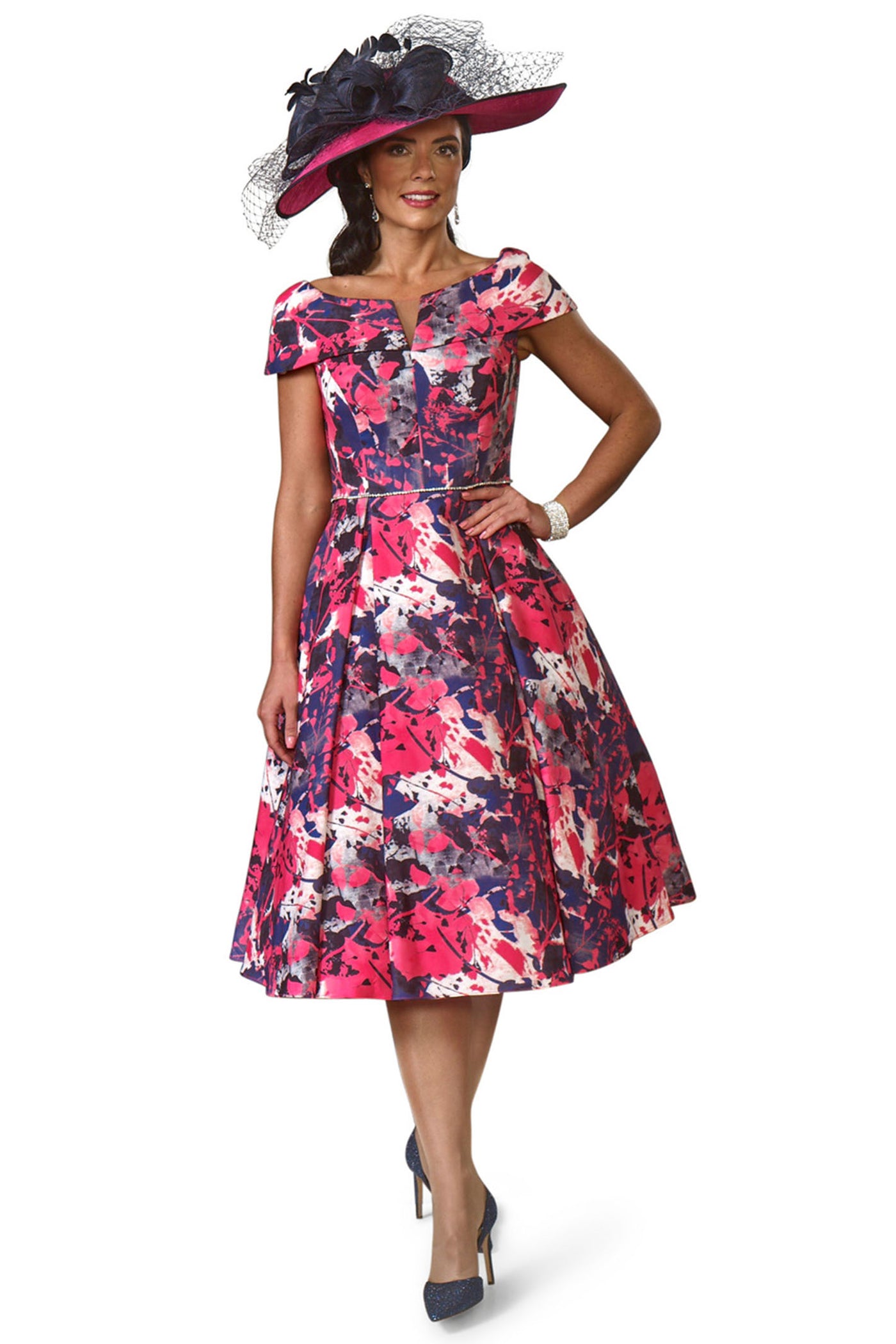 Veromia Occasions VO0246 Lipstick Pink Print Wide Neck A-Line Dress - Rouge Boutique Inverness