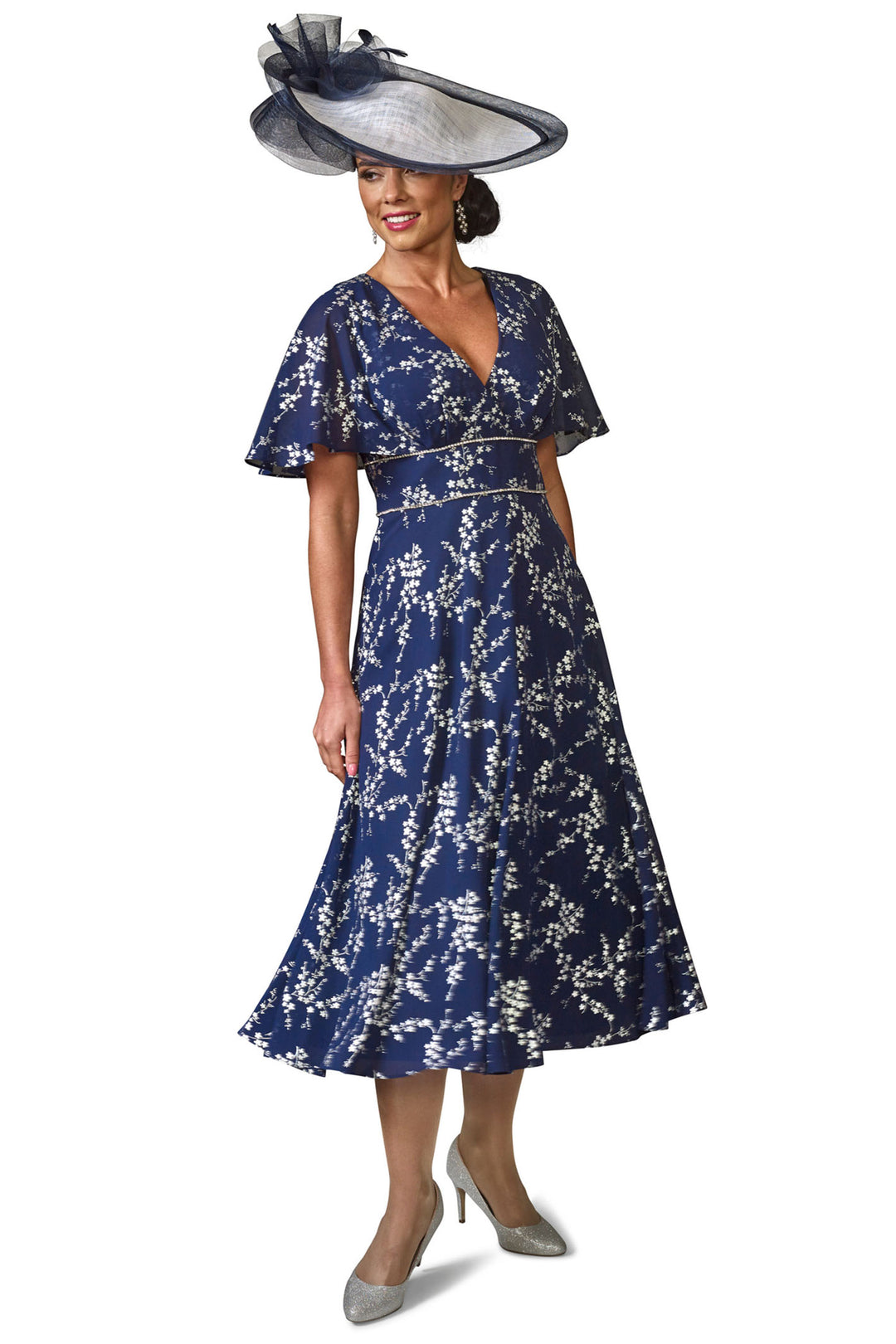 Veromia Occasions VO0250 Navy Print Short Sleeve Midi Dress - Rouge Boutique Inverness