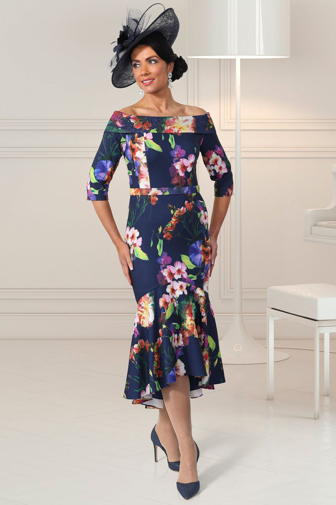 Veromia Occasions VO0908 Navy Floral Hi-Lo Off Shoulder Occasion Dress - Rouge Boutique Inverness