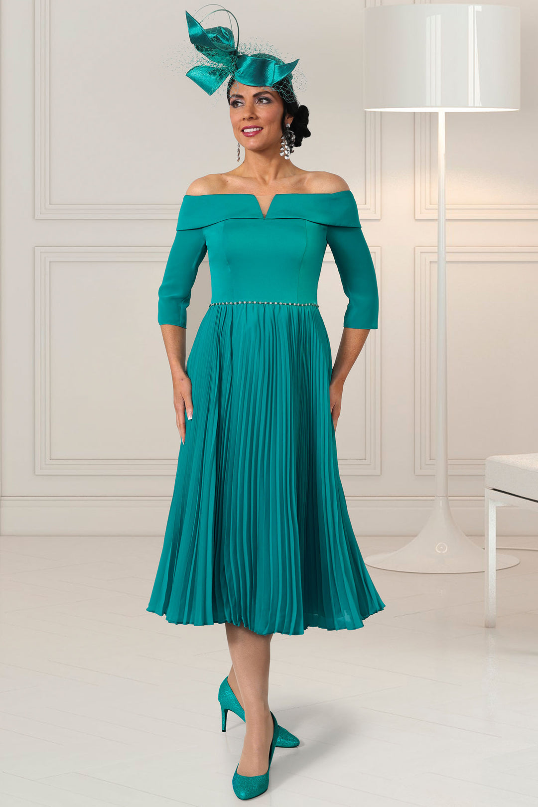 Veromia Occasions VO0925 Teal Green Off The Shoulder Occasion Dress - Rouge Boutique Inverness