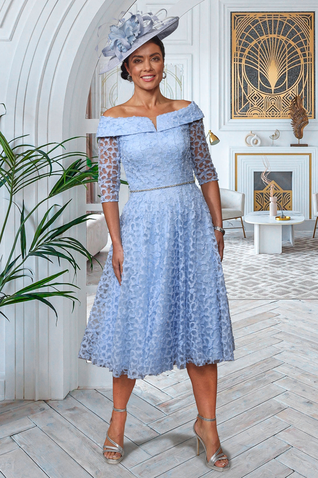 Veromia Occasions VO0956 Powder Blue Off-The-Shoulder Midi Occasion Dress - Rouge Boutique Inverness
