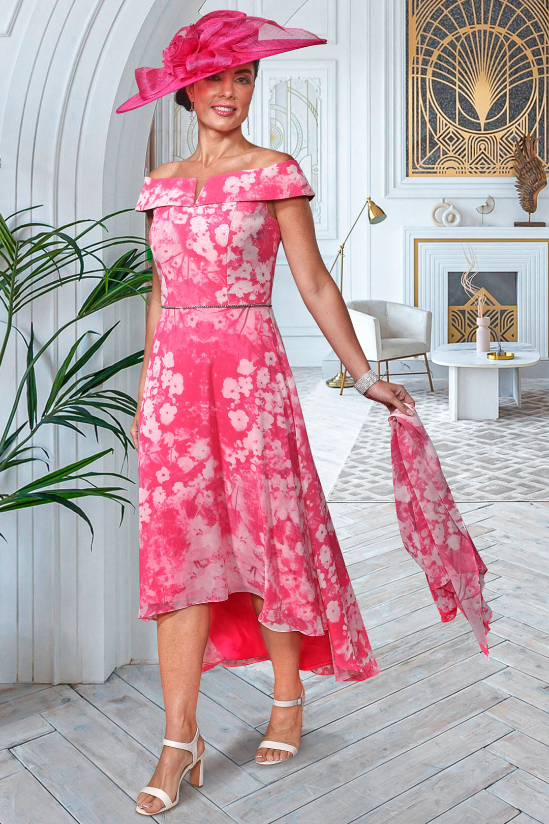 Veromia Occasions VO0981 Fuchsia Pink Print Chiffon Hi-Lo Occasion Dress - Rouge Boutique Inverness