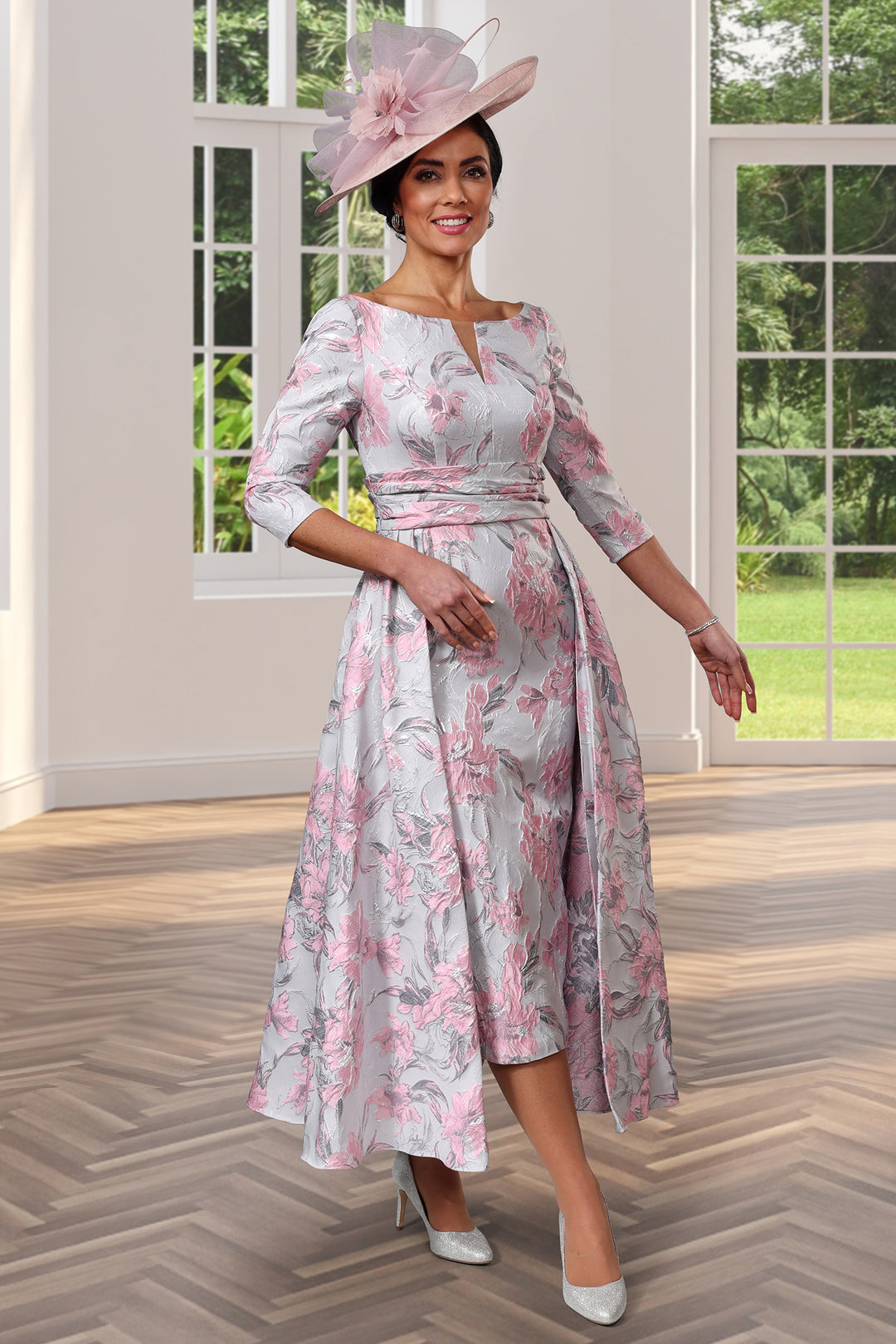 Veromia Occasions VO1613 Floral Overskirt Midi Dress Silver Pink - Rouge Boutique Inverness