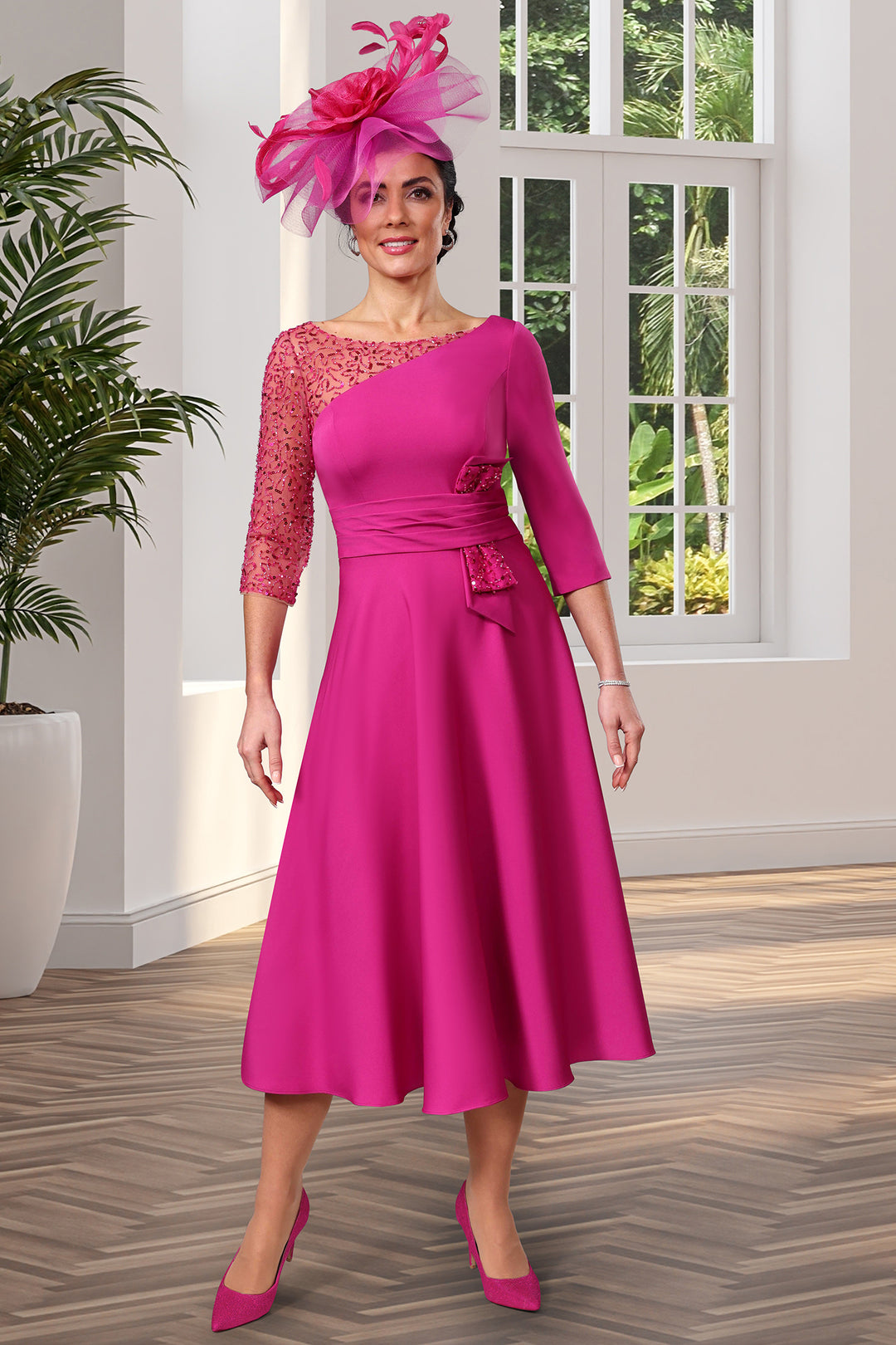 Veromia Occasions VO1619 Sequin Shoulder Midi Occasion Dress Pink Plum - Rouge Boutique Inverness
