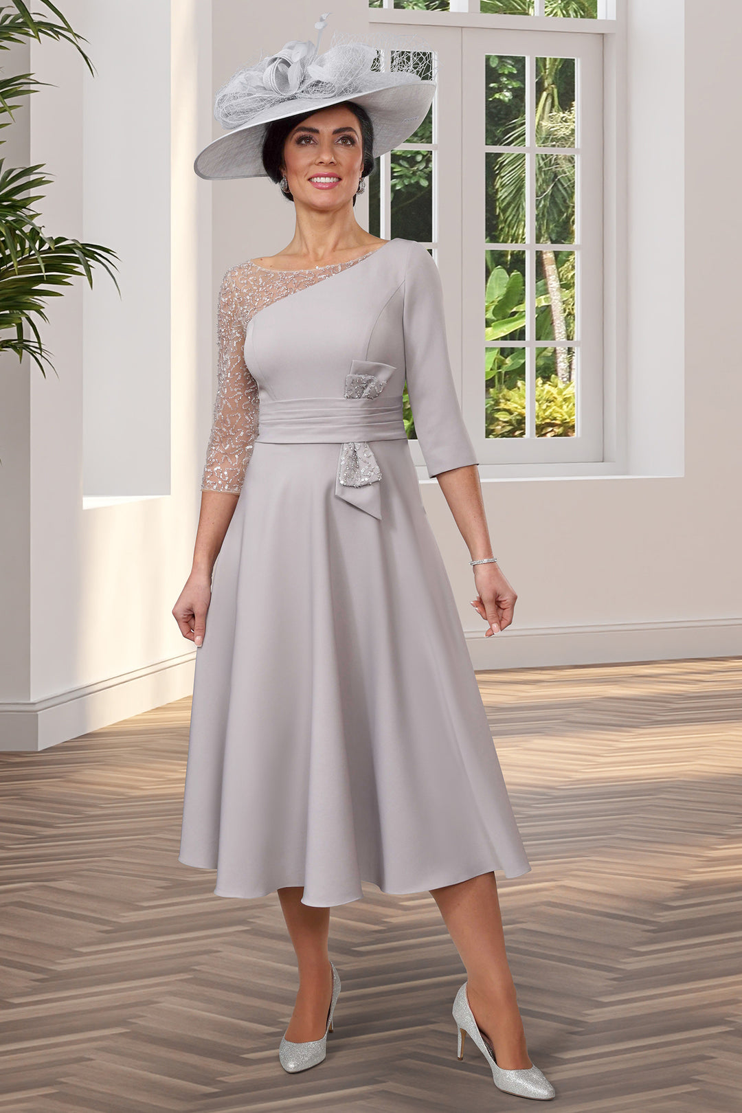 Veromia Occasions VO1619 Sequin Shoulder Midi Occasion Dress Silver - Rouge Boutique Inverness