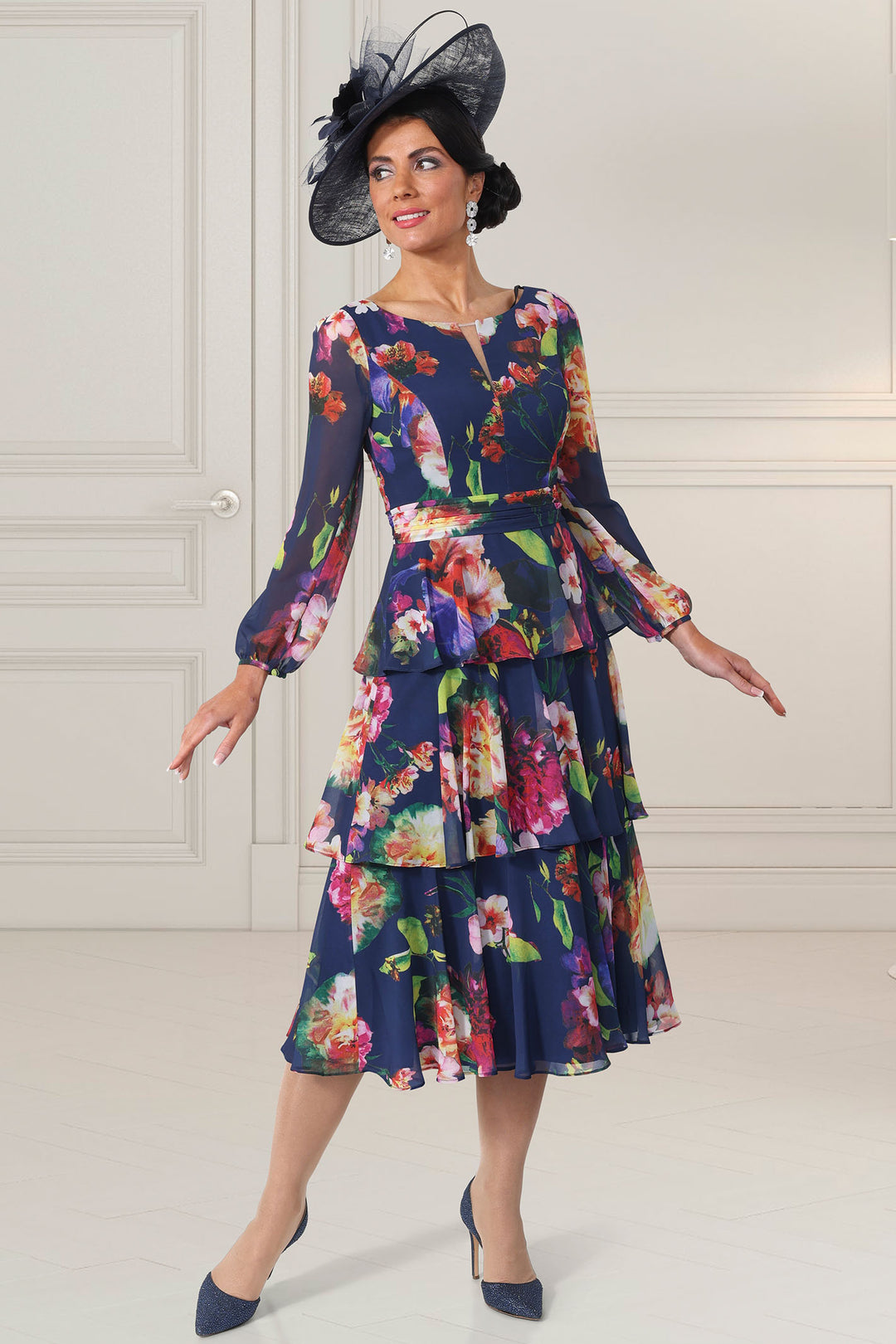 Veromia Occasions VO906 Navy Floral Print Layered Chiffon Occasion Dress - Rouge Boutique Inverness