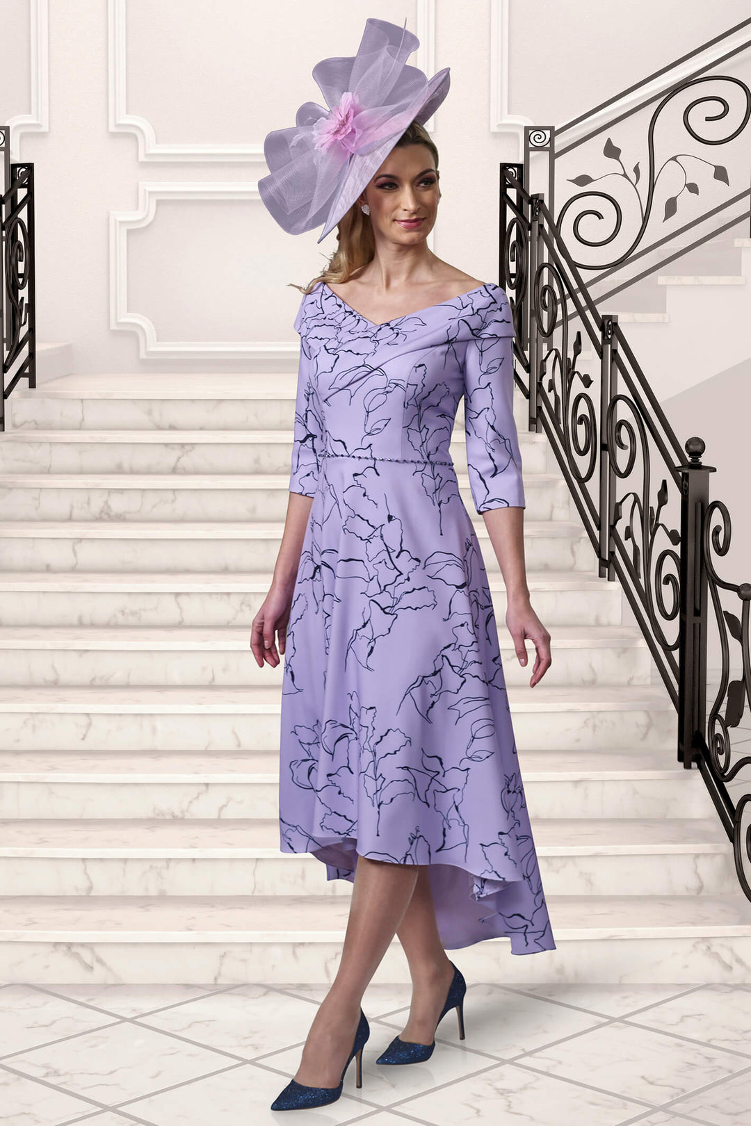 Veromia Occasions VO9681 Navy Lilac Print High-Low Occasion Dress - Rouge Boutique