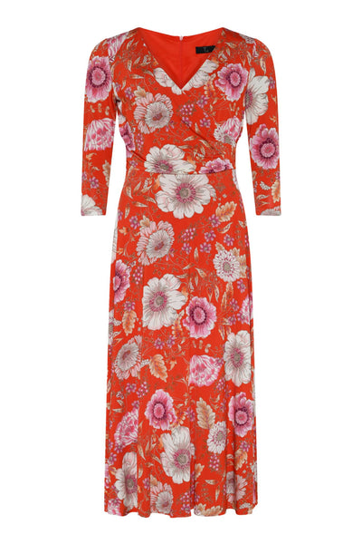 Tia 78548 Orange Flower Print V Neck Dress