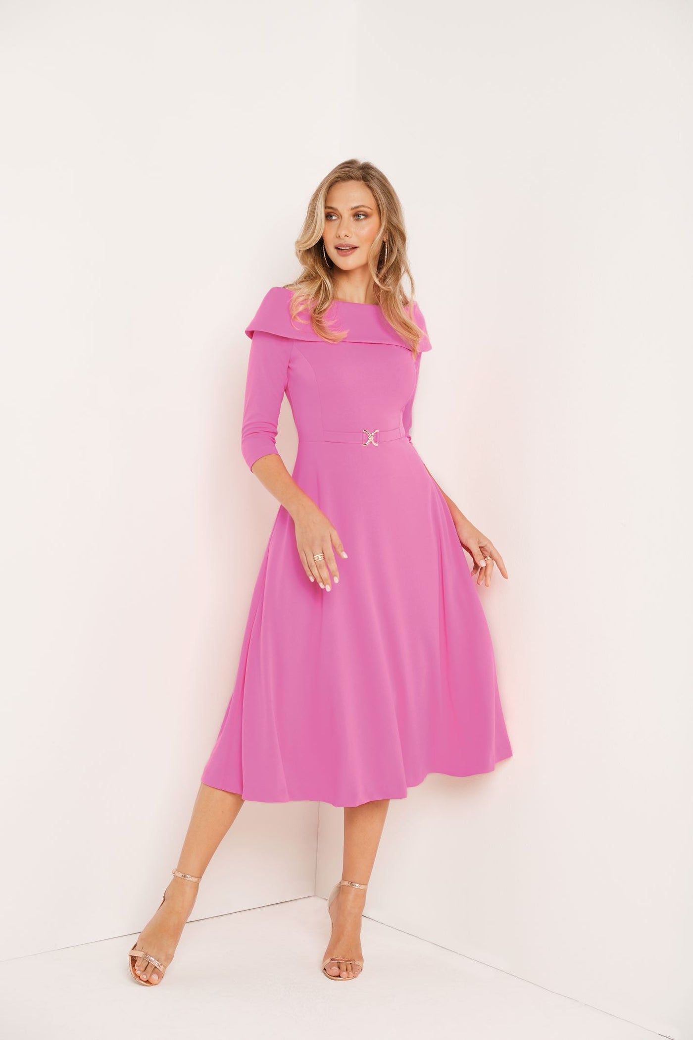 Tia 78599 Pink Fit and Flare Dress Buckle Detail