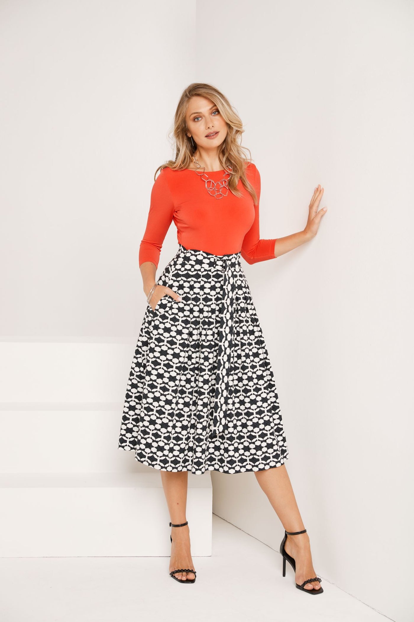 Tia 78639 Red Black and White Full Skirt Dress