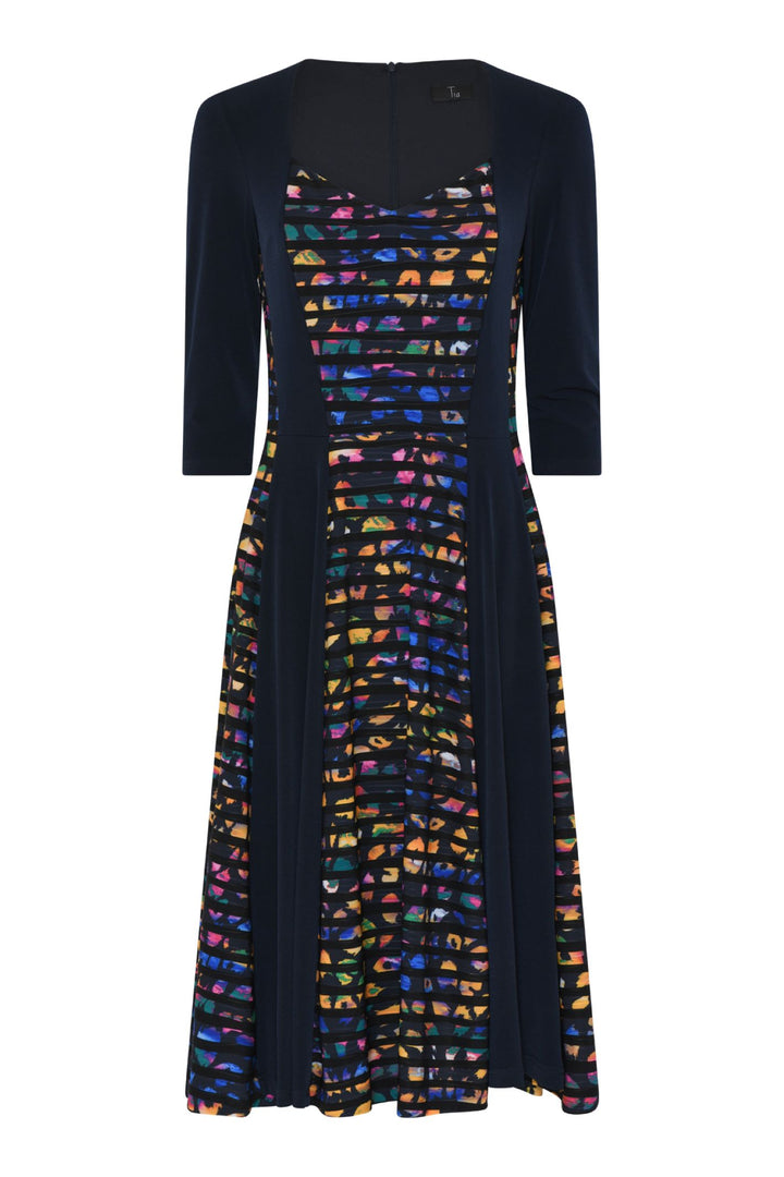 Tia 78529 Navy Panel Dress Multi Colour Centre three quarter sleeve