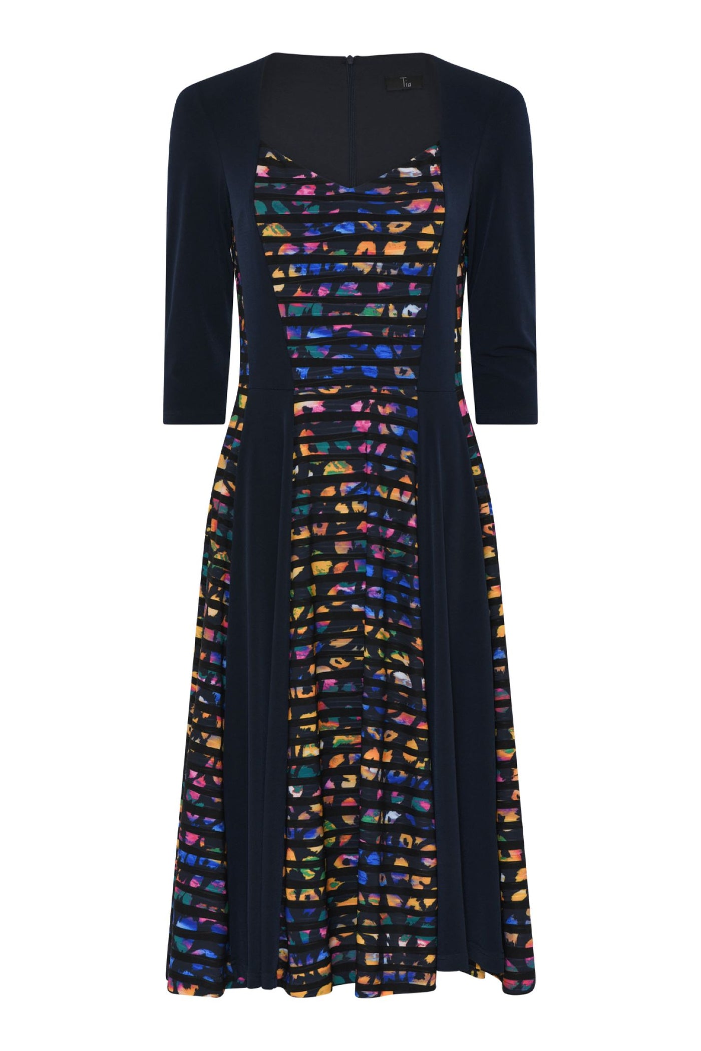 Tia 78529 Navy Panel Dress Multi Colour Centre three quarter sleeve