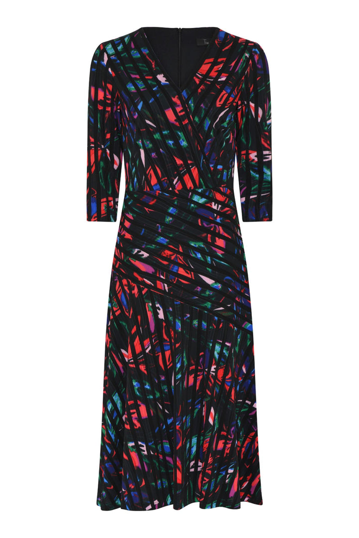 Tia 78532 Dress V Neck Black Red Green Blue Print Half Sleeve