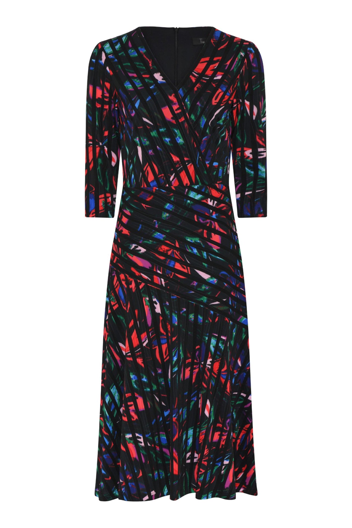 Tia 78532 Dress V Neck Black Red Green Blue Print Half Sleeve