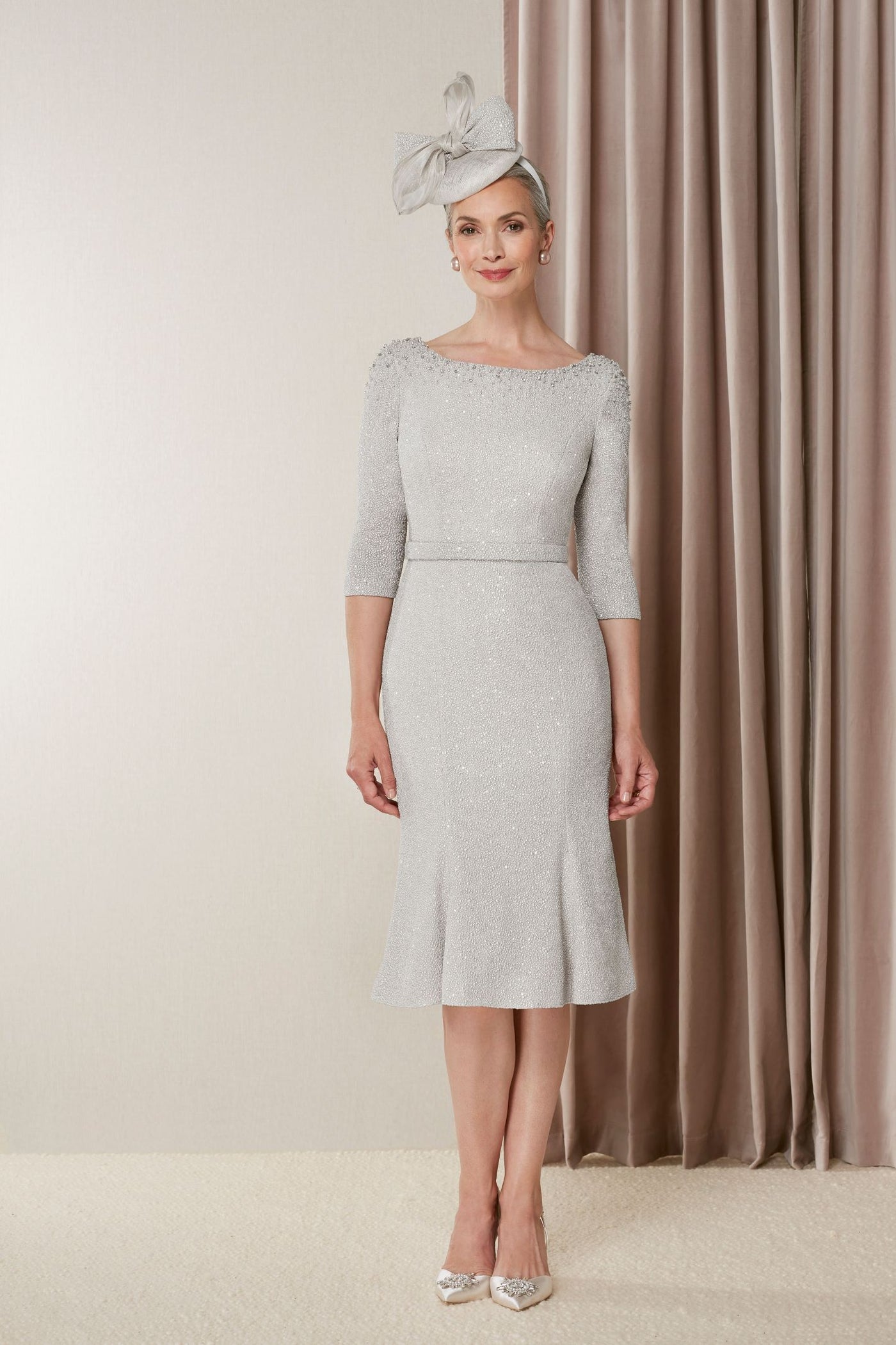 John Charles Fluted Dress with Cowl Back and Beading Silver 27037