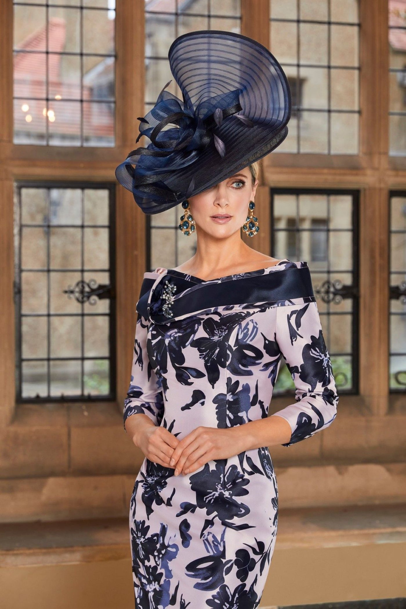 Invitations By Veni Navy Rose Dress 29709 Straight wide neck sleeves